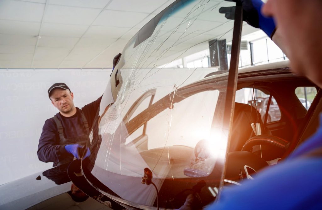 Workers replacing broken glass of a car